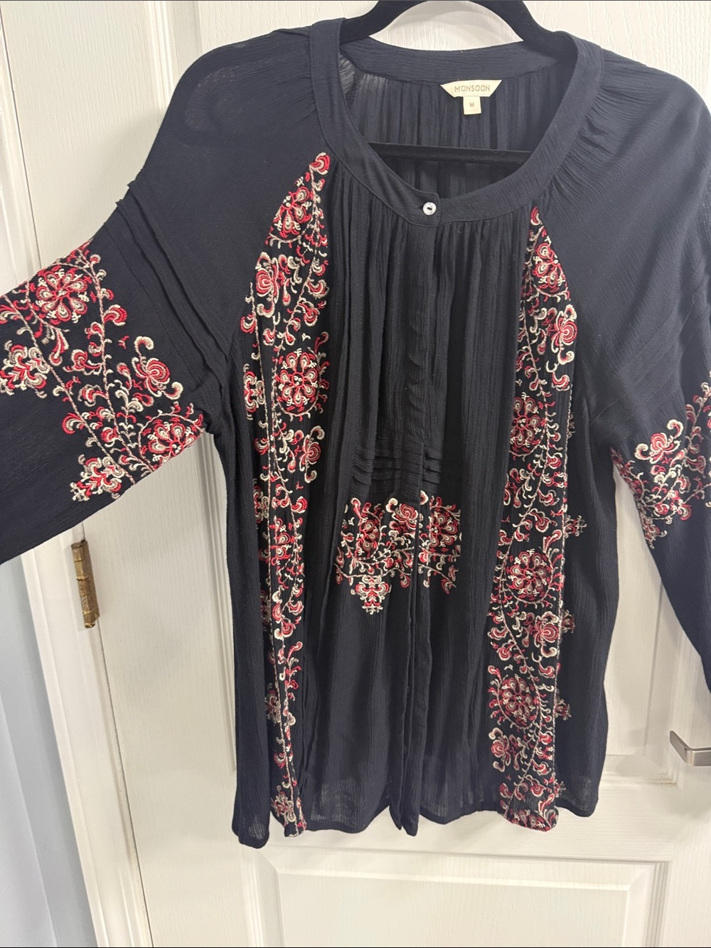 Monsoon Boho Black Embroidered Floral Peasant Blouse